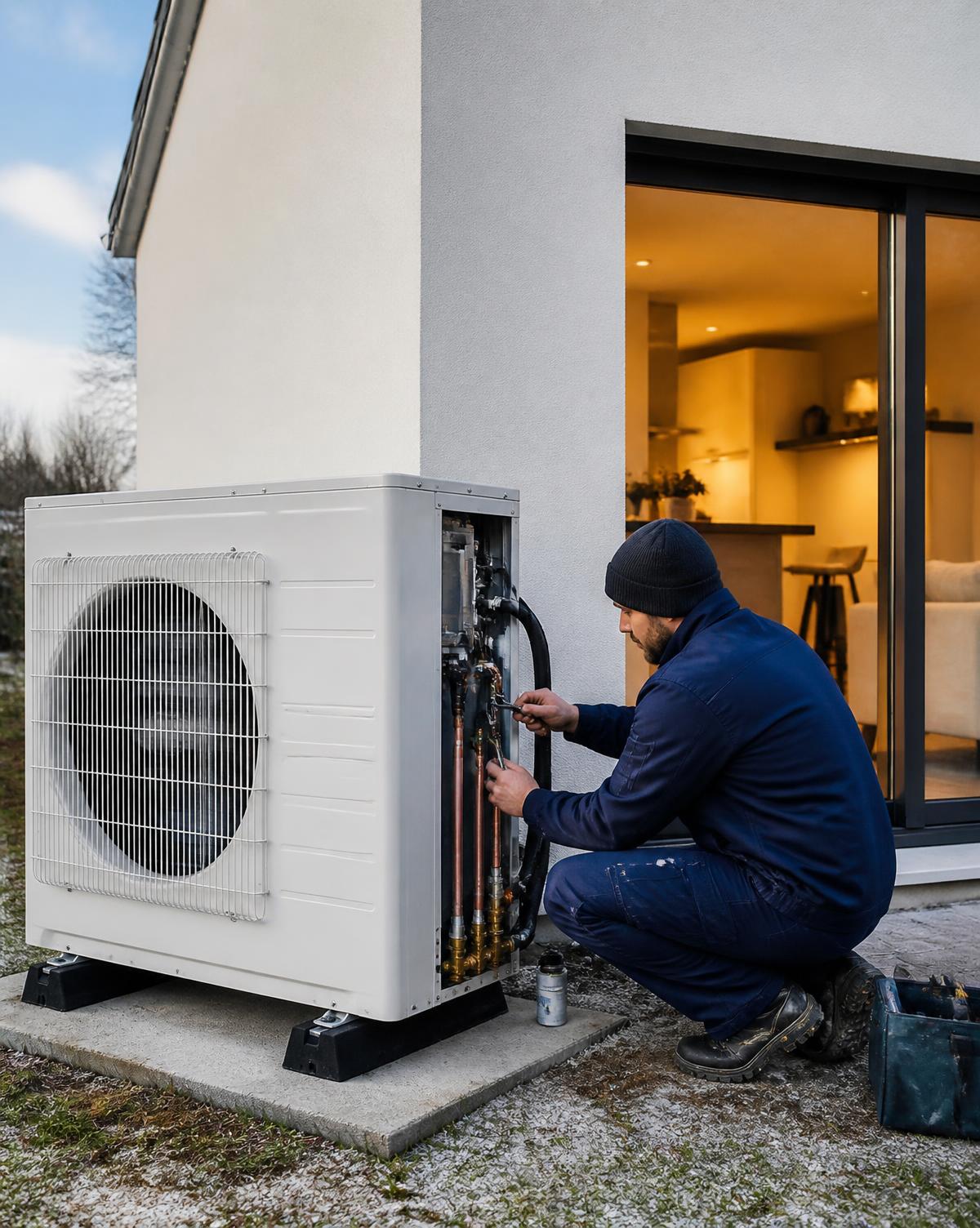 Technicien installant une pompe à chaleur air-eau devant une maison